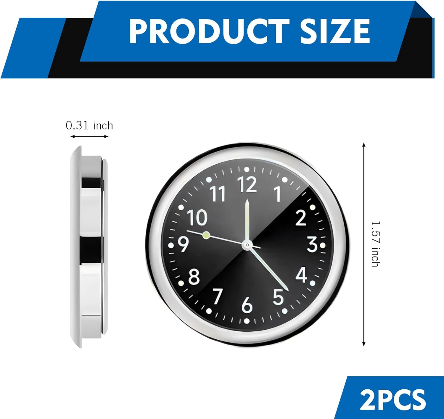 2 Pack Mini Car Clocks, 1.57 Inch Luminous Analog Dashboard Clock with Adhesive and Car Vent Clips, Alloy Metal Vent Car Watch, Universal for Most Cars, Trucks, SUVs(Black)