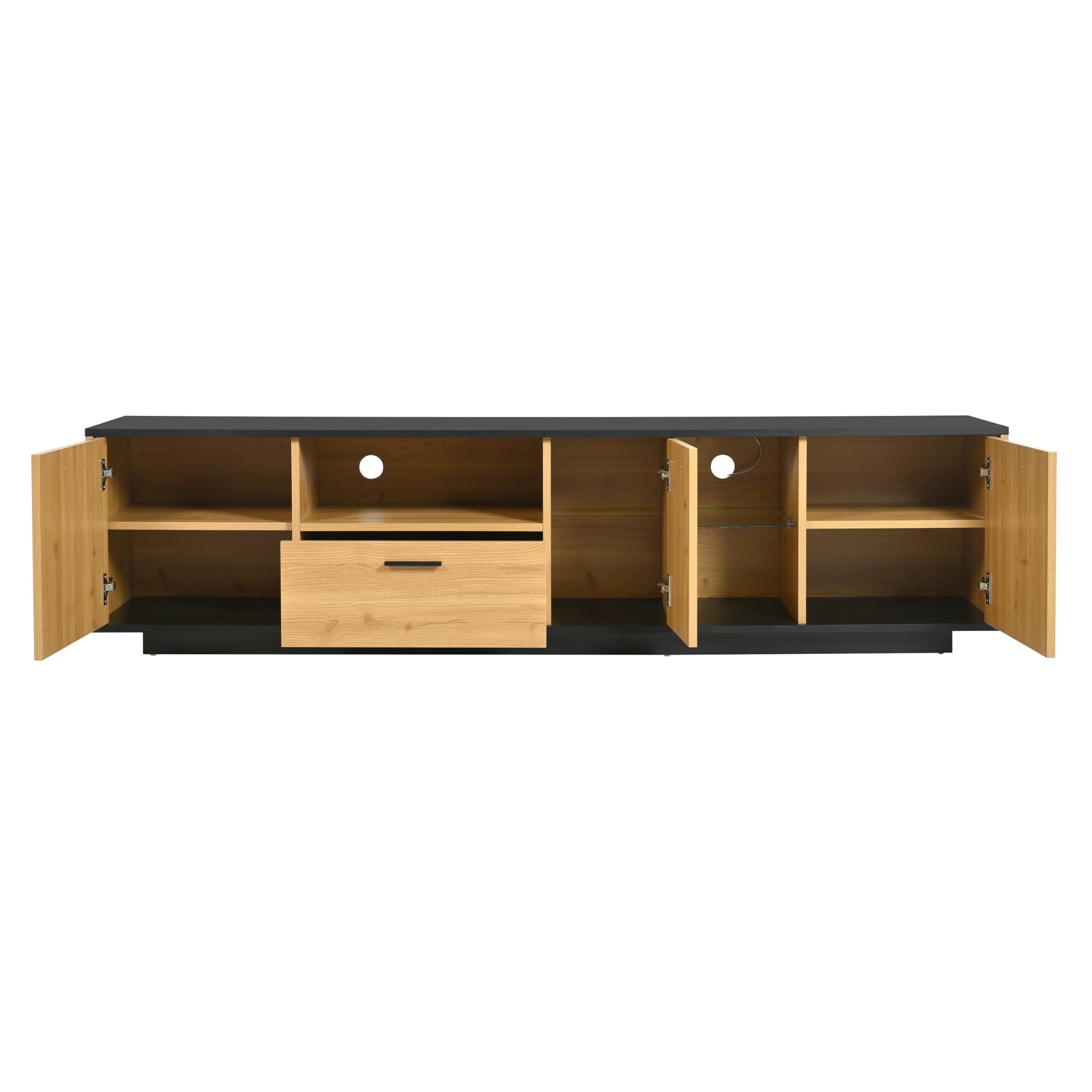 SACOOL Mobile TV color legno + dimensioni con cassetto, porte aperte, mobili TV in vetro, pannello basso, 15 luci LED.