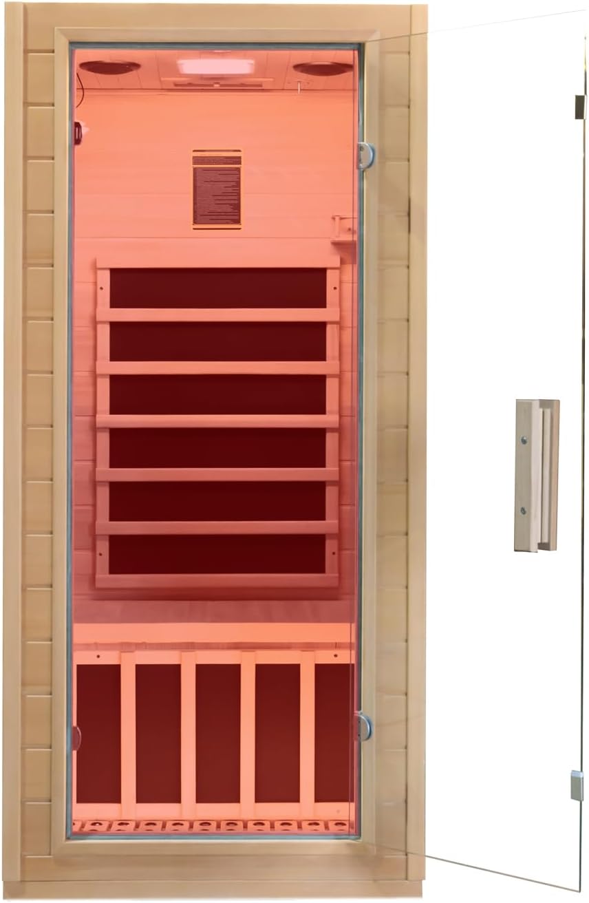 Zugoni Indoor Far Infrared Sauna Room ,Low EMF 5 Heating Panels 1400W Therapy for Personal Wooden Dry with Bluetooth Speakers LED Lamp 1 Person Home Spa Christmas Valentine’s Day Gift.