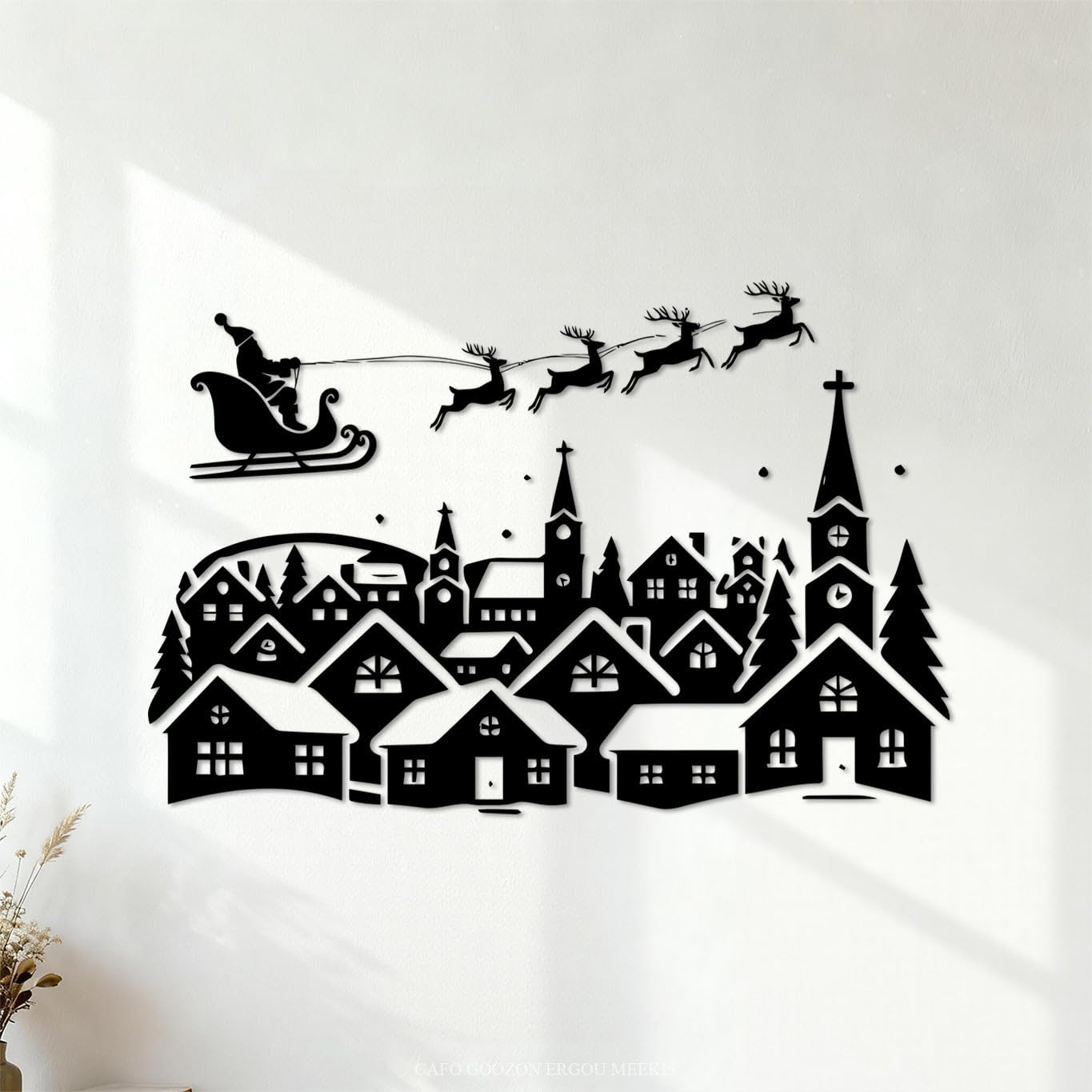 Santa Sleigh Over Snowy Village Christmas Silhouette Engraving Stickers 57.6x86.6cm Do not Damage the wall Surface Black