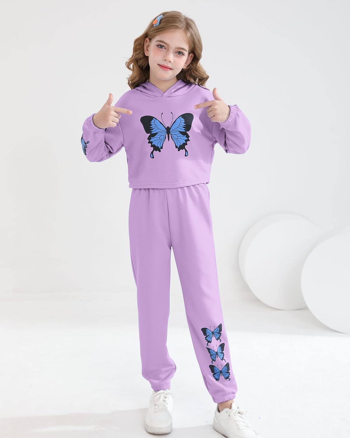 Girls' Clothing Set Butterfly Print Crop Top Hoodies Sweatpants 2 Piece Outfits Kids Sweatsuit Tracksuit Jogger Set - Image 4