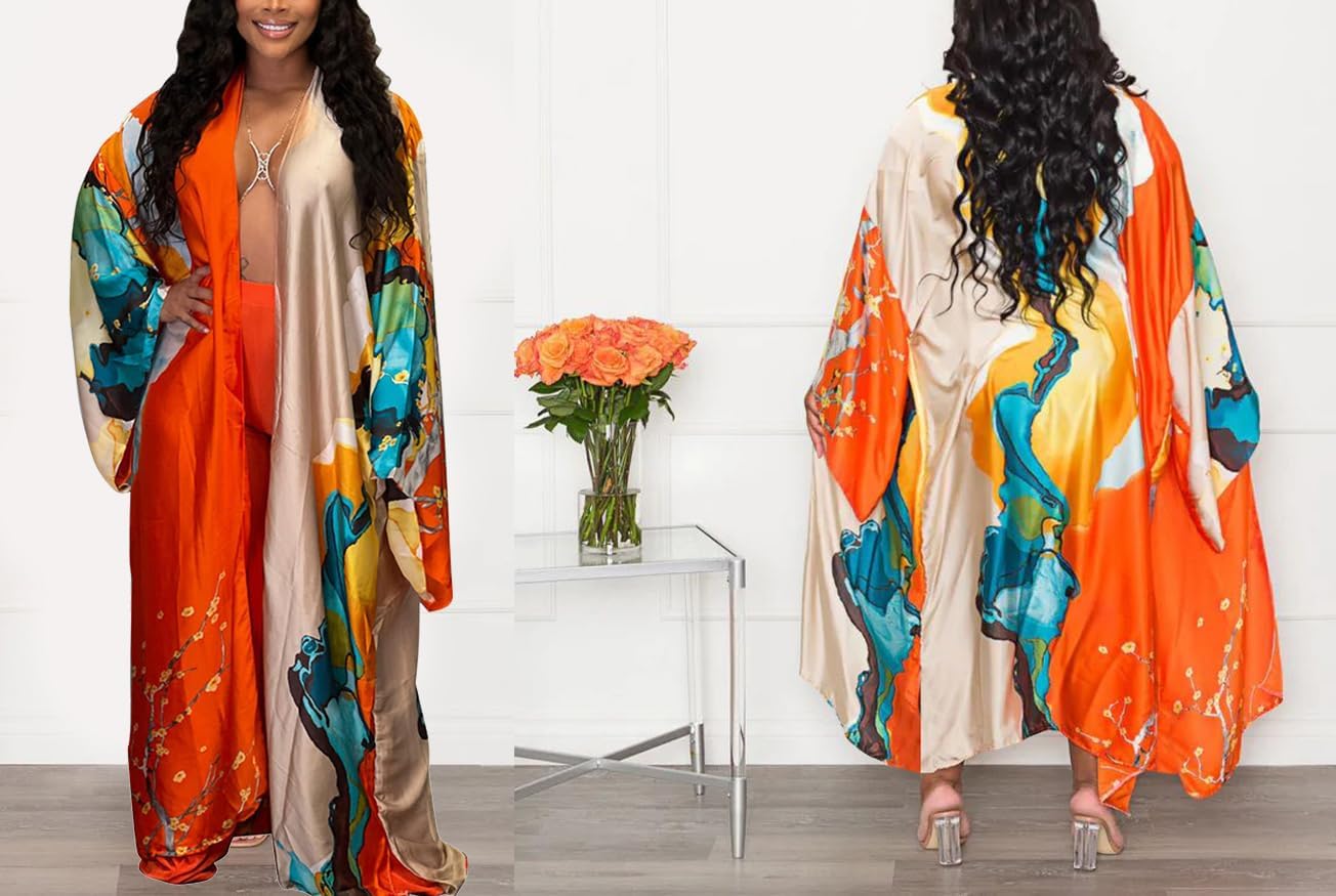 Women Satin Robe Kimono Cardigan Floral Print Open Front Long Sleeve Maxi Casual Outwear Cover Up One Size - Image 3