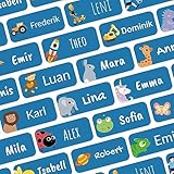 Namensaufkleber für Kinder (108 Stk. 30x13 mm) - Wasserfeste Namensschilder für Kleidung, Textilien und Gegenstände - Optimal für Kita, Kindergarten und Schule - Schöne Motive personalisierbar