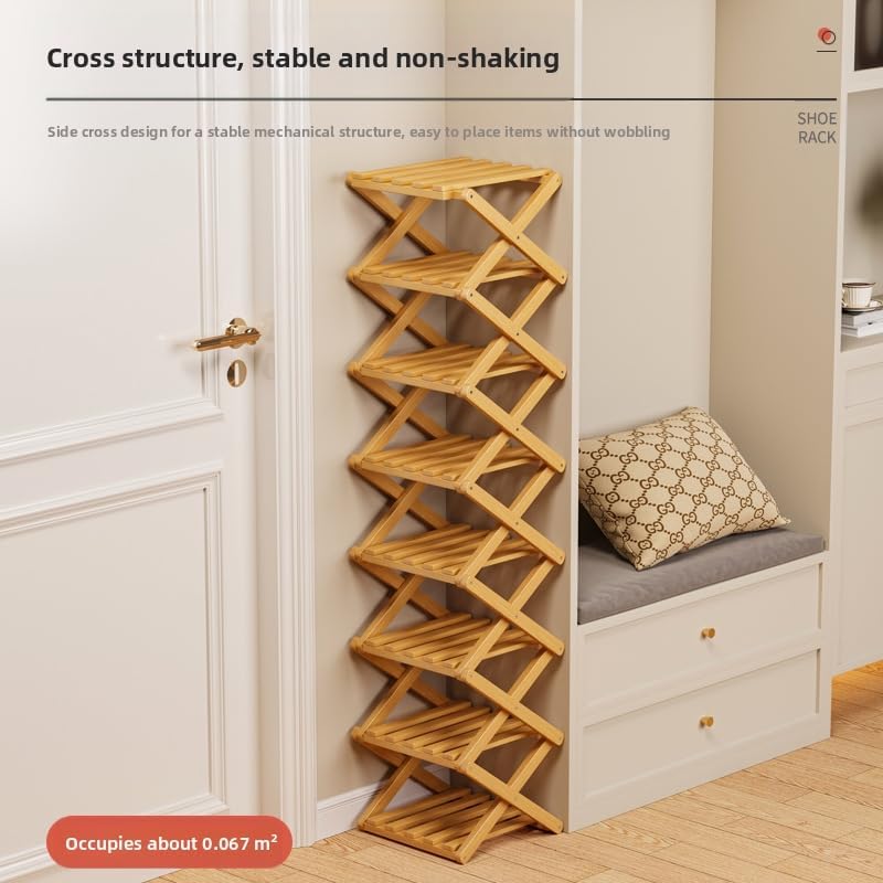 Bamboo Shoe Rack Organizer, 2-10 Tiers, Natural or Tea Color, No-Tool Assembly, Foldable Storage Shelf (No Installation 10 Layer 30-Brown)