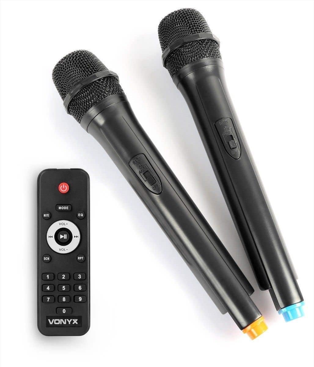 Vonyx AP1200PA Enceinte Sono Portable avec Micros sans Fil - 600W Max, Bluetooth, USB/SD/MP3, Boomer 12", Batterie Intégrée, avec Poignée Télescopique et roulettes pour Les Déplacements