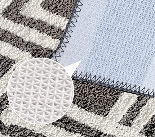 Image of Microfiber Shaggy Striped Design Bath Mat | Non Slip TPR Backing Absorbent Plush Door Floor Rug for Shower Bathroom Kitchen Living Room Home Decor (40x60 cm, Grey and White)
