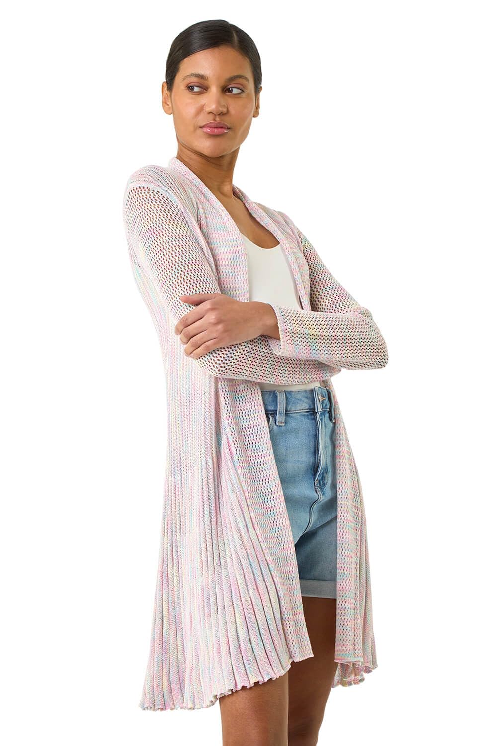 Roman Originals Women's Multi Pointelle Longline Cardigan For Uk - Everyday Holiday Spring Summer Comfy Soft Evening Vacation Work Party - Size 18
