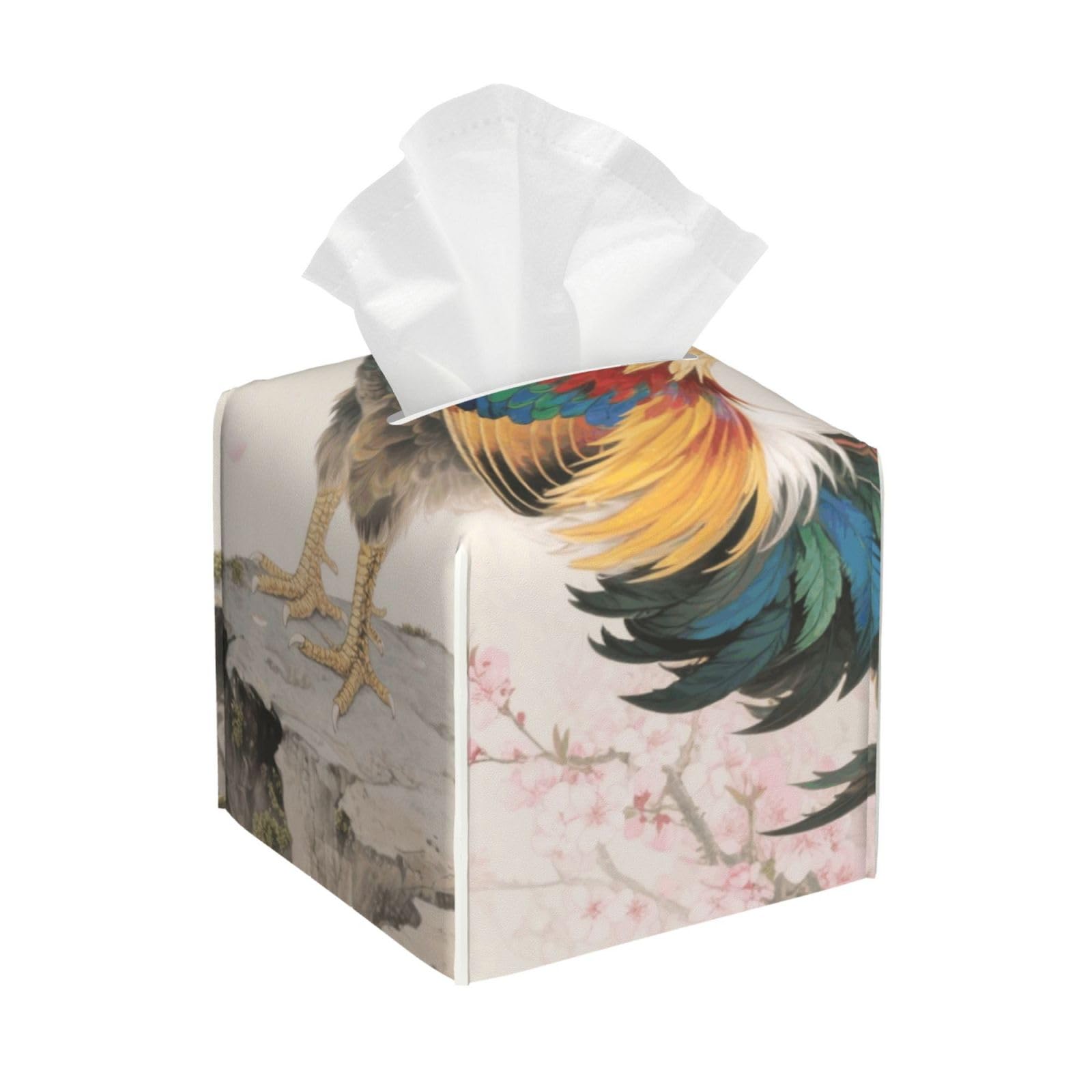 Pu Leather Cube Tissue Box Holders Modern Waterproof Square Tissue Box Cover Colorful Rooster Facial Paper Holder for Bathroom Kitchen Nightstand Office Home Decor