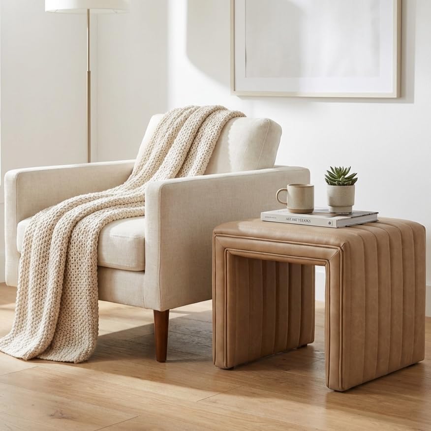 Image of HomePop 19 inch Modern Channel Tufted Ottoman - Sand Faux Leather