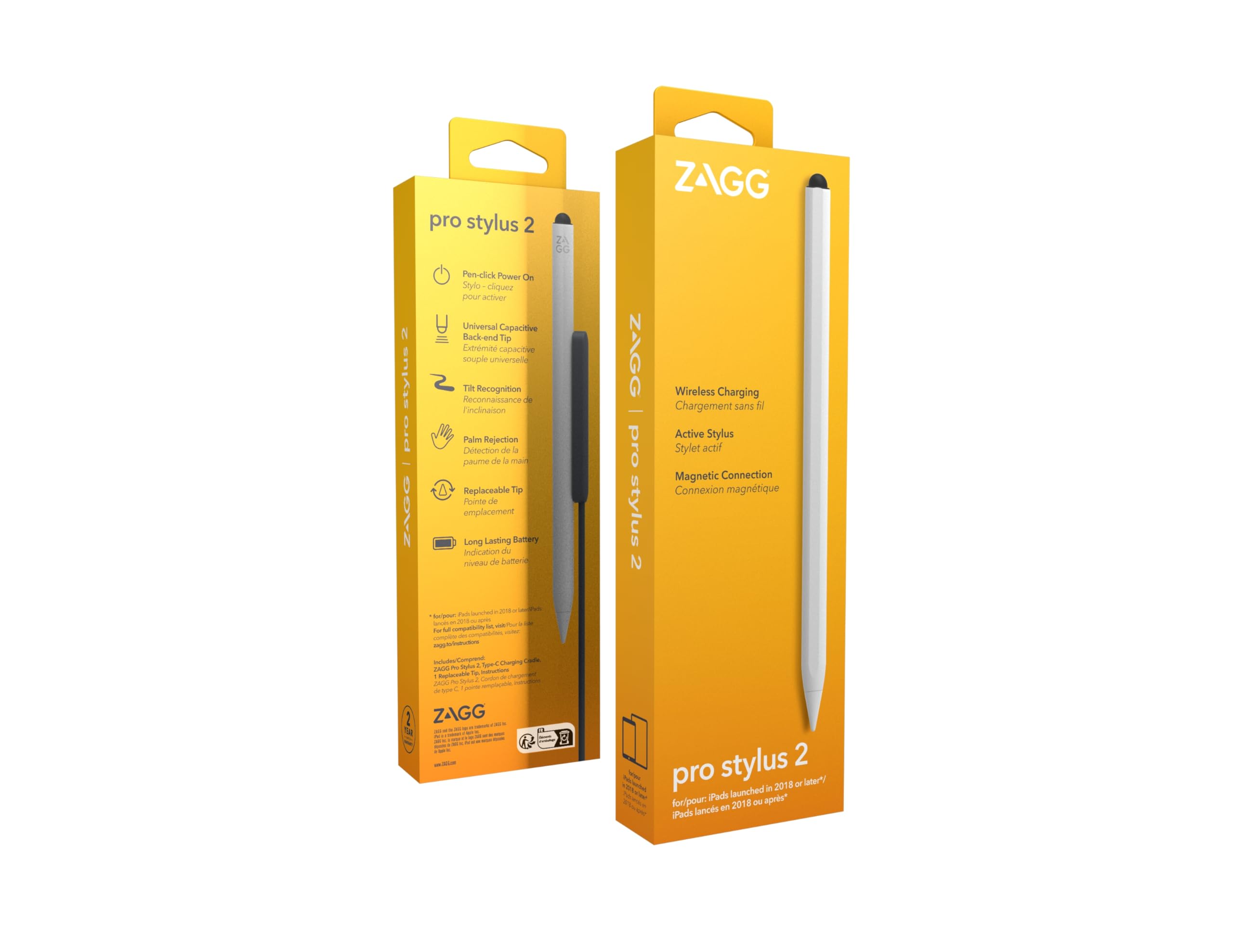 ZAGG Pro Stylus 2, Penna stilo, ricarica wireless, magnetica, stilo a doppia punta, compatibile per iPad (Bianca)