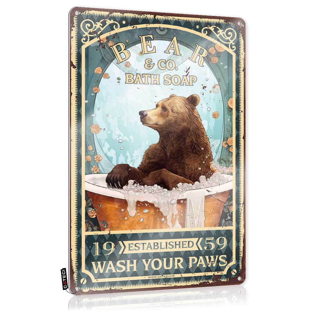 MWFKKADDB Funny Warning Signs Bear Bath Soap Wash Your Paws Tin Sign Cottage Decoreclectic Home Decorcoffee Bar Accessories Decorgrandma Gift Ideas Funny Bar Decor Tin Decor(30X40CM)