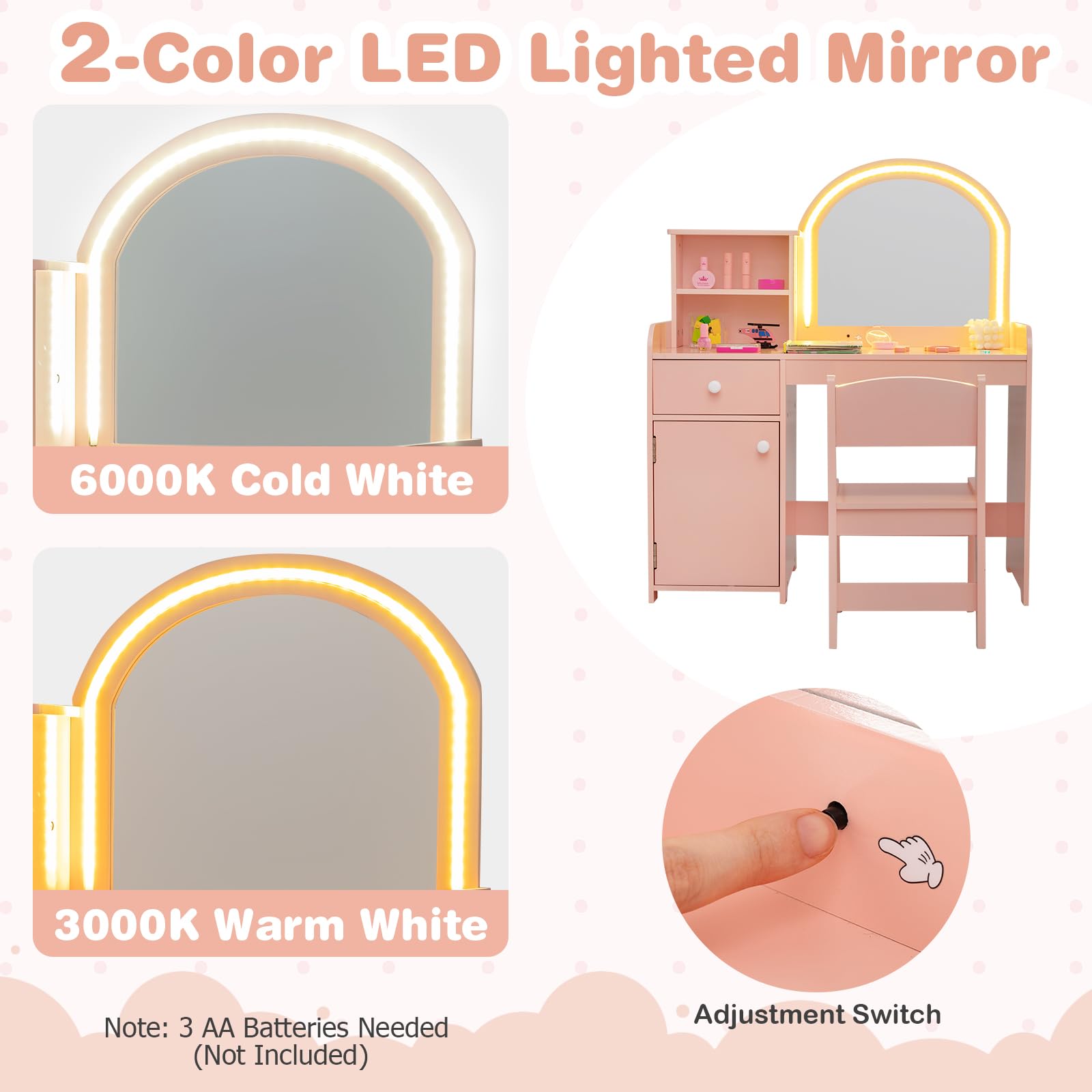 LIFEZEAL 2 in 1 Tavolo da trucco per bambini con sedia, tavolo da trucco ragazza con specchio LED e armadietto, tavolo da toeletta in legno con cassetto e scaffale, 3+ anni, carico di 50 kg (rosa