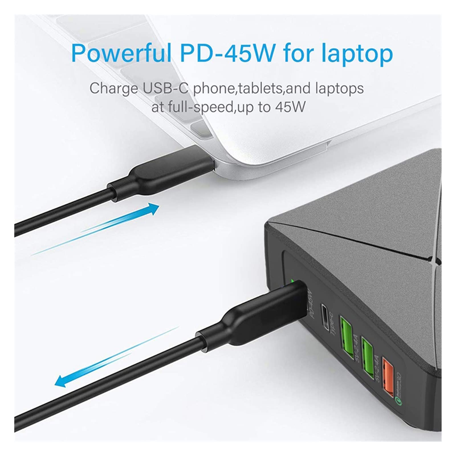 75W 5 portowa stacja ładująca USB typ C PD szybkie ładowanie QC 3.0 szybka ładowarka do telefonu komórkowego Tablet Laptop, wieloportowe ładowanie USB Bezpieczna ładowarka