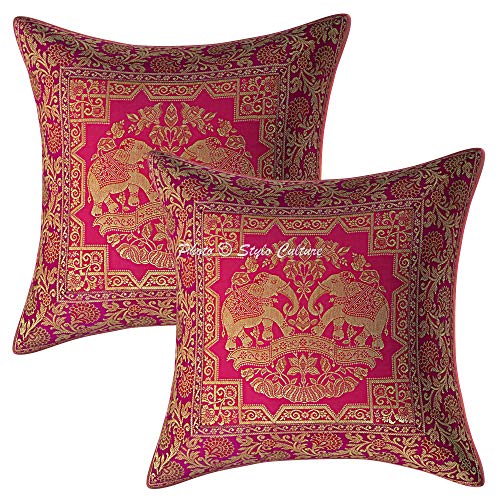 Image of Decorative Brocade Cushion Covers 16x16 Inch Banarasi Jacquard Weave Magenta & Gold Living Room Decor Elephant Traditional Square 40x40 cm Zippered Sofa Settee Pillowcases -Set of 2 Pcs