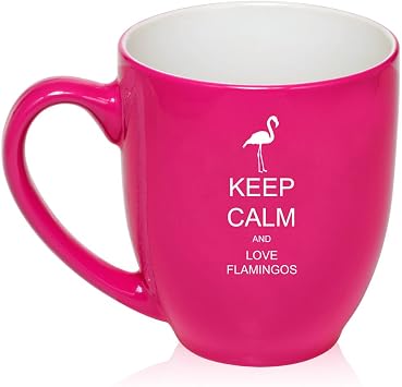 16 oz Hot Pink Large Bistro Mug Ceramic Coffee Tea Glass Cup Keep Calm and Love Flamingos