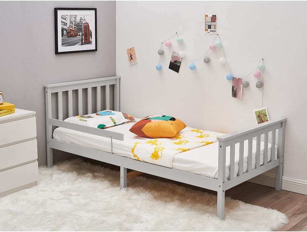 Panana Classic Wooden Toddler Kids Bed with Safety Side Guard Rail for Girls and Boys, Perfect for Junior Bedrooms (Grey)
