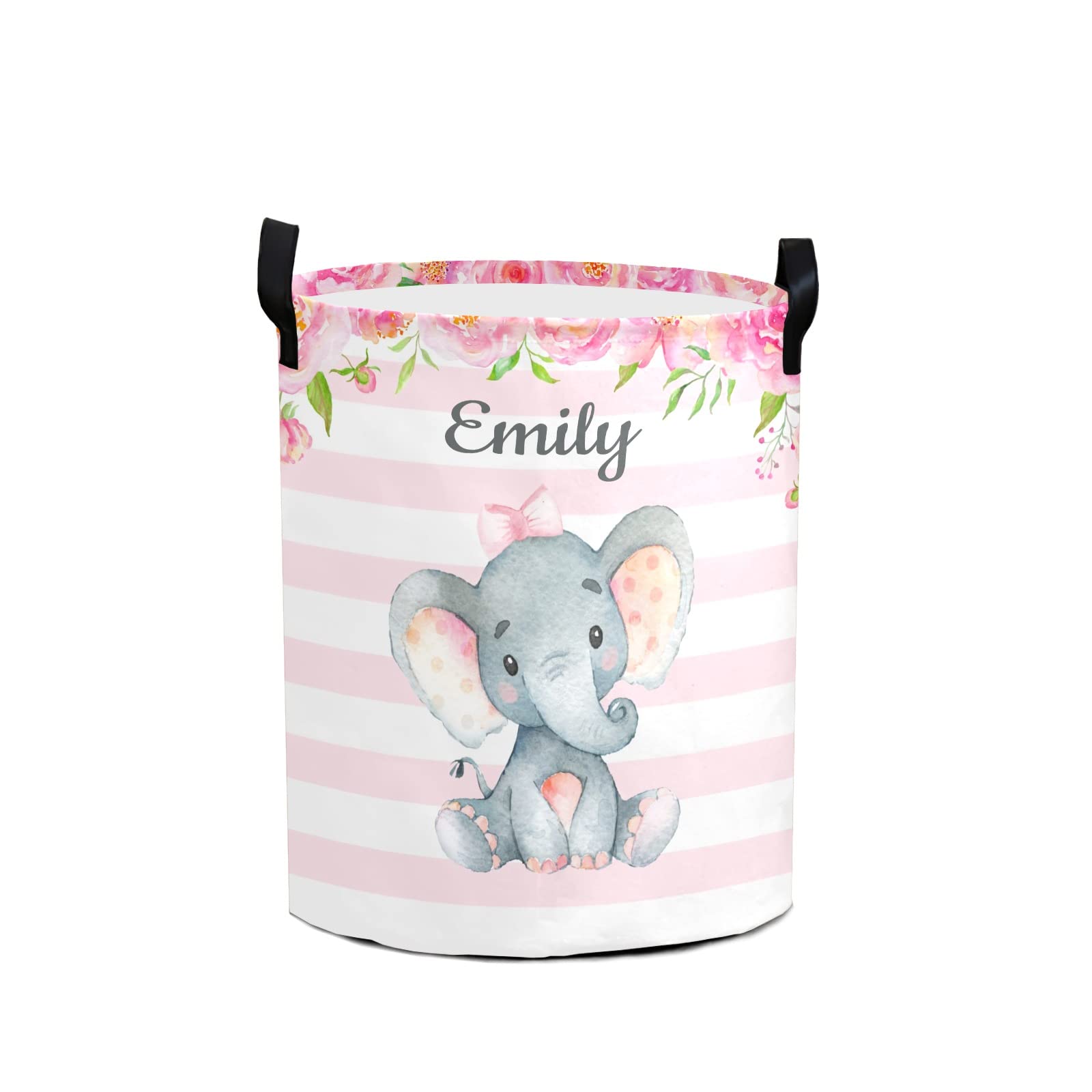 Grandkli Pink Girl Elephant Personalized Freestanding Laundry Hamper, Custom Waterproof Collapsible Drawstring Basket Storage Bins with Handle for Clothes, Toy, 50cm x 36cm