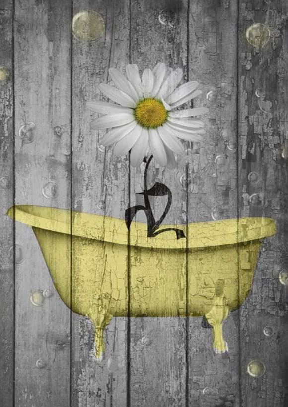 kisoyo Rustic Picture Frame Bathroom Wall Art Daisy Flower Bubbles Yellow Gray Vintage Rustic Bath Wall Art Ready to Hang for Wall Decor