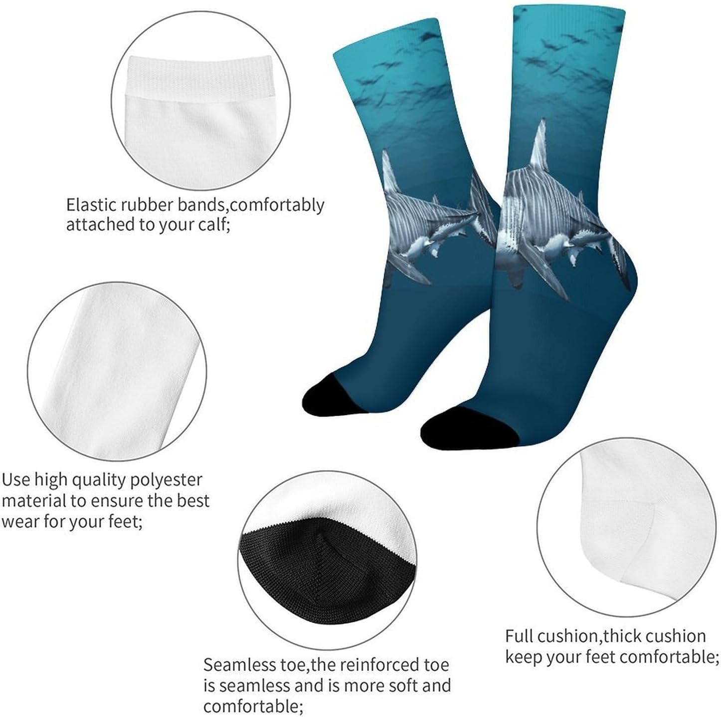 Great White Shark Crew Sock High Stocking Grippy Socks | Socks for Men & Women,Stockings-Long Thin Tube Sports, Breathable Soft Athletic for Nurses,Travel