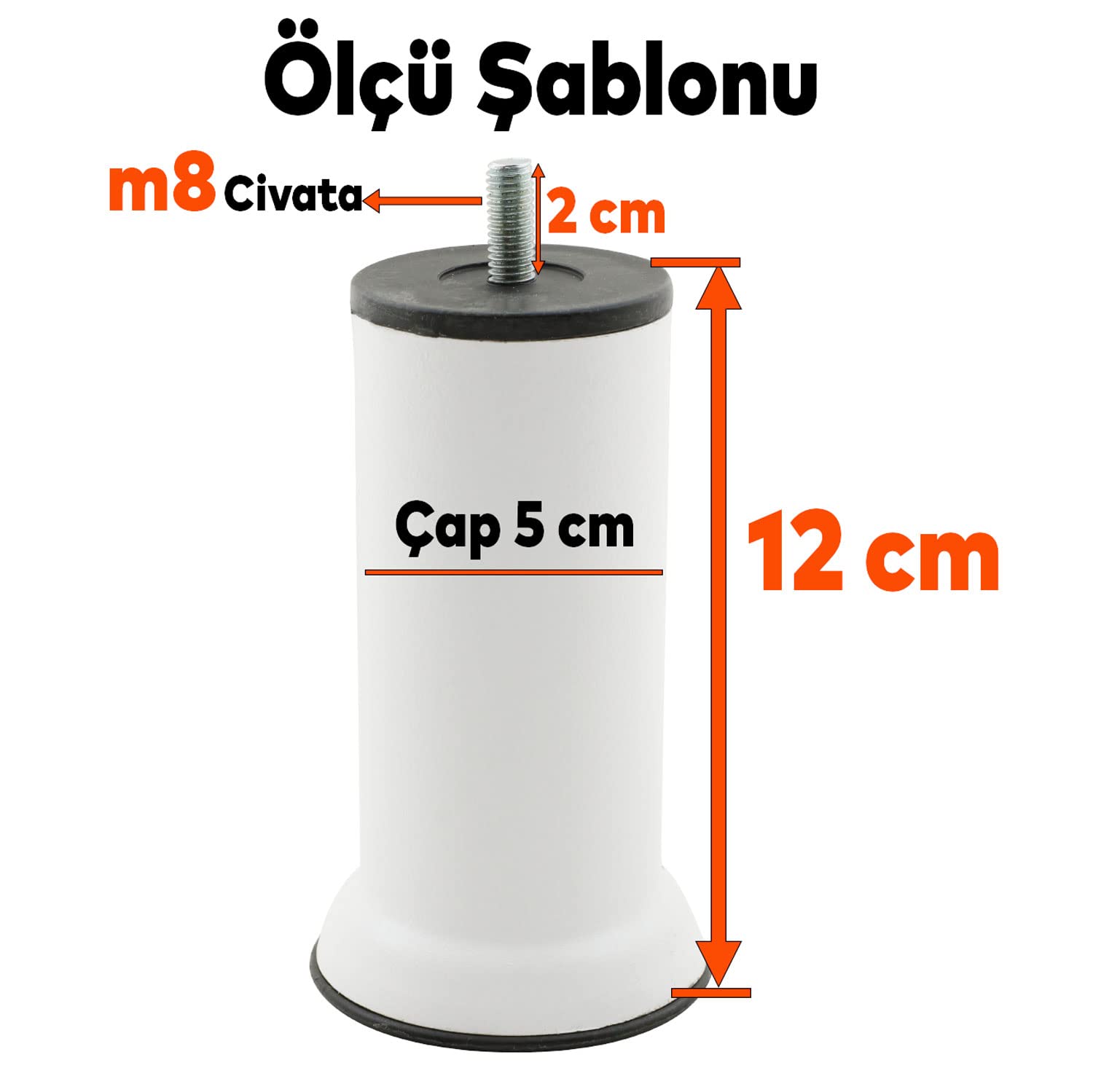 Badem10 Mobilya Baza Metal Kanepe Koltuk Destek Ayağı M8 Civatalı İnce Diş Beyaz Metal Ayak 12 Cm (4 ADET)