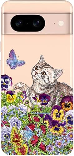 Blingy's Funda compatible con Google Pixel 8, para mujeres y niñas, lindo estilo de gato con patrón de flores de jardín, divertido diseño floral, Blingy's Funda compatible con Google Pixel 8, para mujeres y niñas, lindo estilo de gato con patrón de flores de jardín, divertido diseño floral,