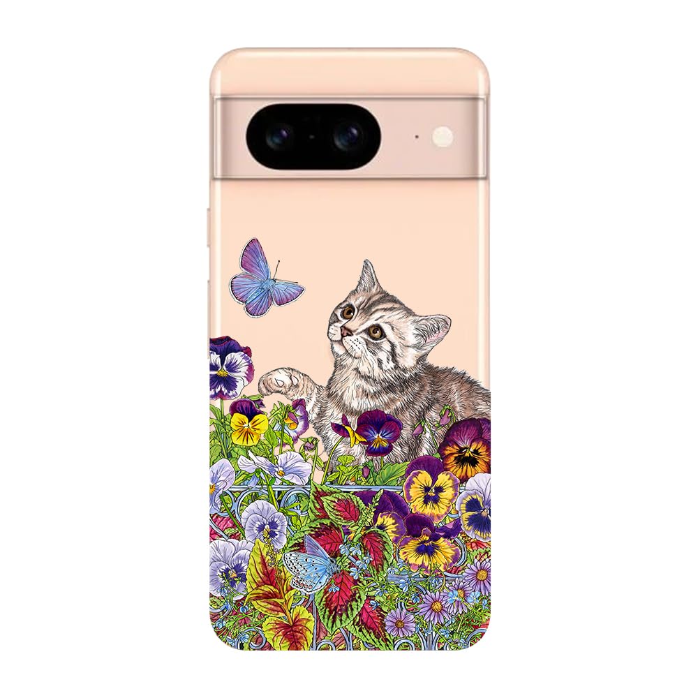 EASSGU TPU Silicone Custodia per Google Pixel 8a (6.1 Inches), Cover Protettiva in Silicone TPU Motivo Dipinto Trasparente - Gatto 2