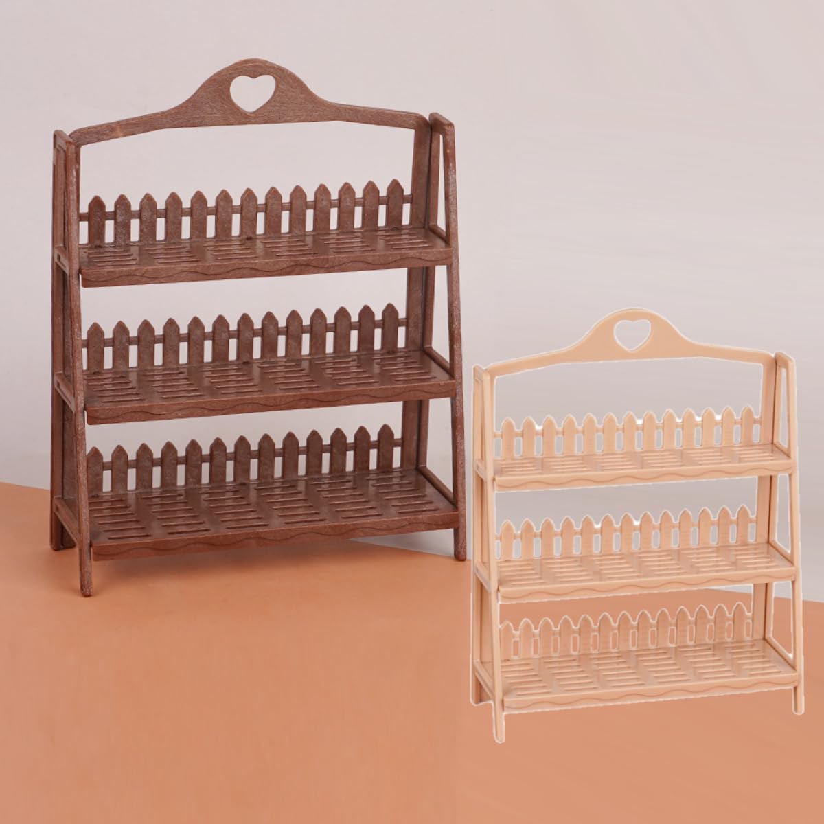 2 Piece Miniature Shelf Set, 3-Tier, Fence Design, Miniature Flower Stand, Mini Dessert Stand, Mini Supermarket Shelf, Display Shelf for Collectibles Decorations (Light/Dark Wood)