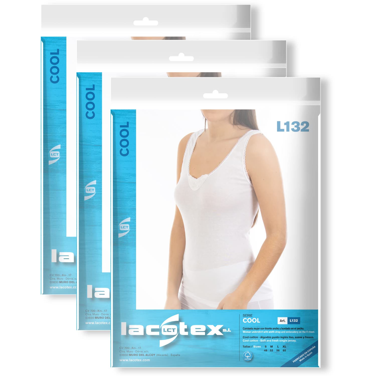 Lacotex Camiseta Interior Punto Inglés Liso de Mujer | Camiseta De Tirante Ancho y Bordado en el Pico | Confort y Suavidad | Pack Ahorro 3 Unidades | Talla XL LCT132