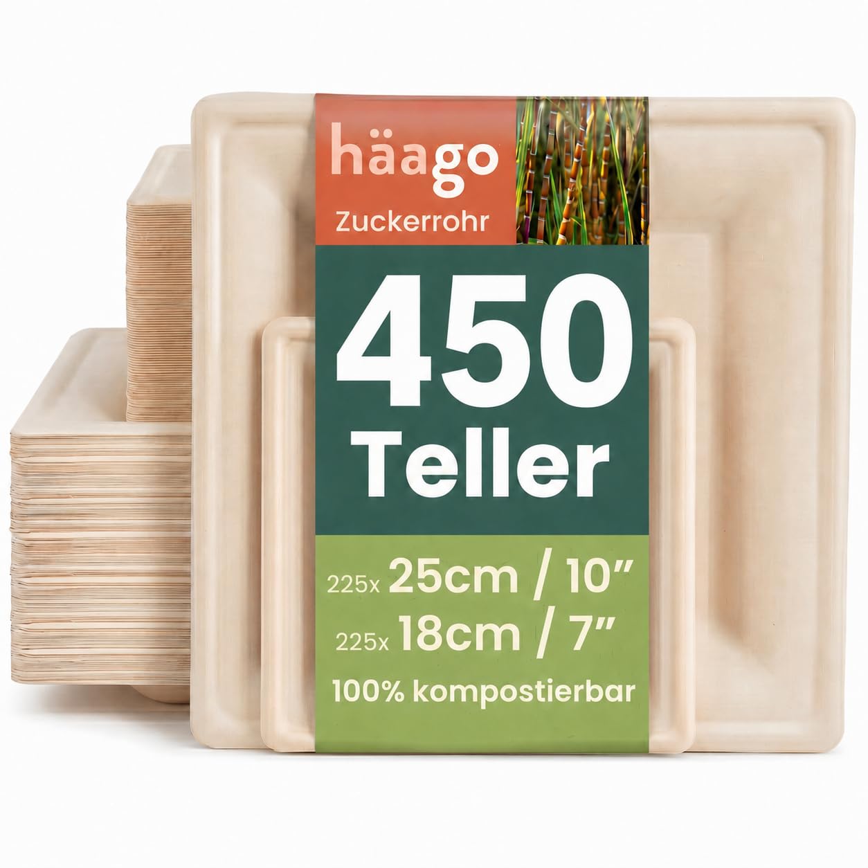 HAAGO 450 Eco Disposable Sugarcane Plates, Square 225 × 26cm Dinner & 225 × 15cm Dessert Plates – Natural Colour - Strong & Heavy Duty Paper Plates, Biodegradable & Compostable for Hot & Cold Food — image 1