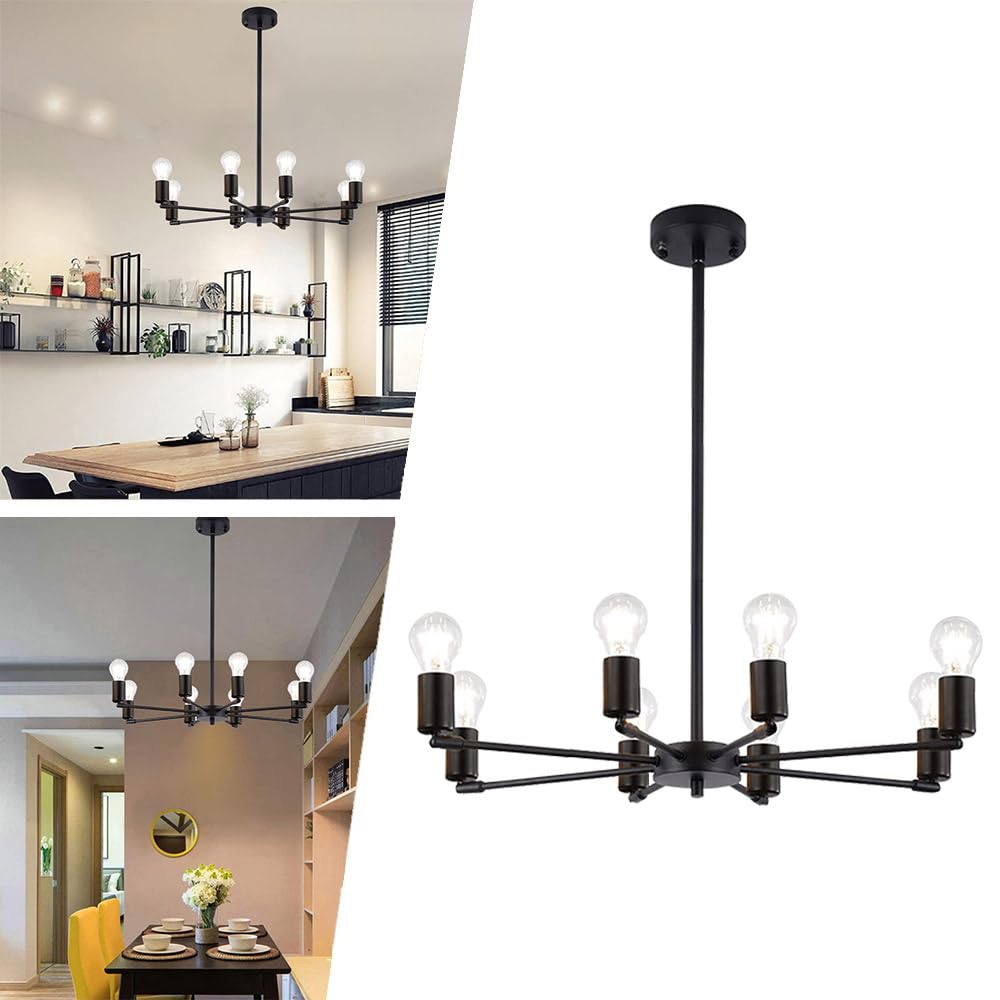 Mengjay Modern 8 Light Pendant Lamp Semi Flush Mount Ceiling Lights,E27 Sputnik Chandelier Light - Industrial Pendant Lighting Fixture for Living Room Bedroom Dining Room (Black(8 Heads))