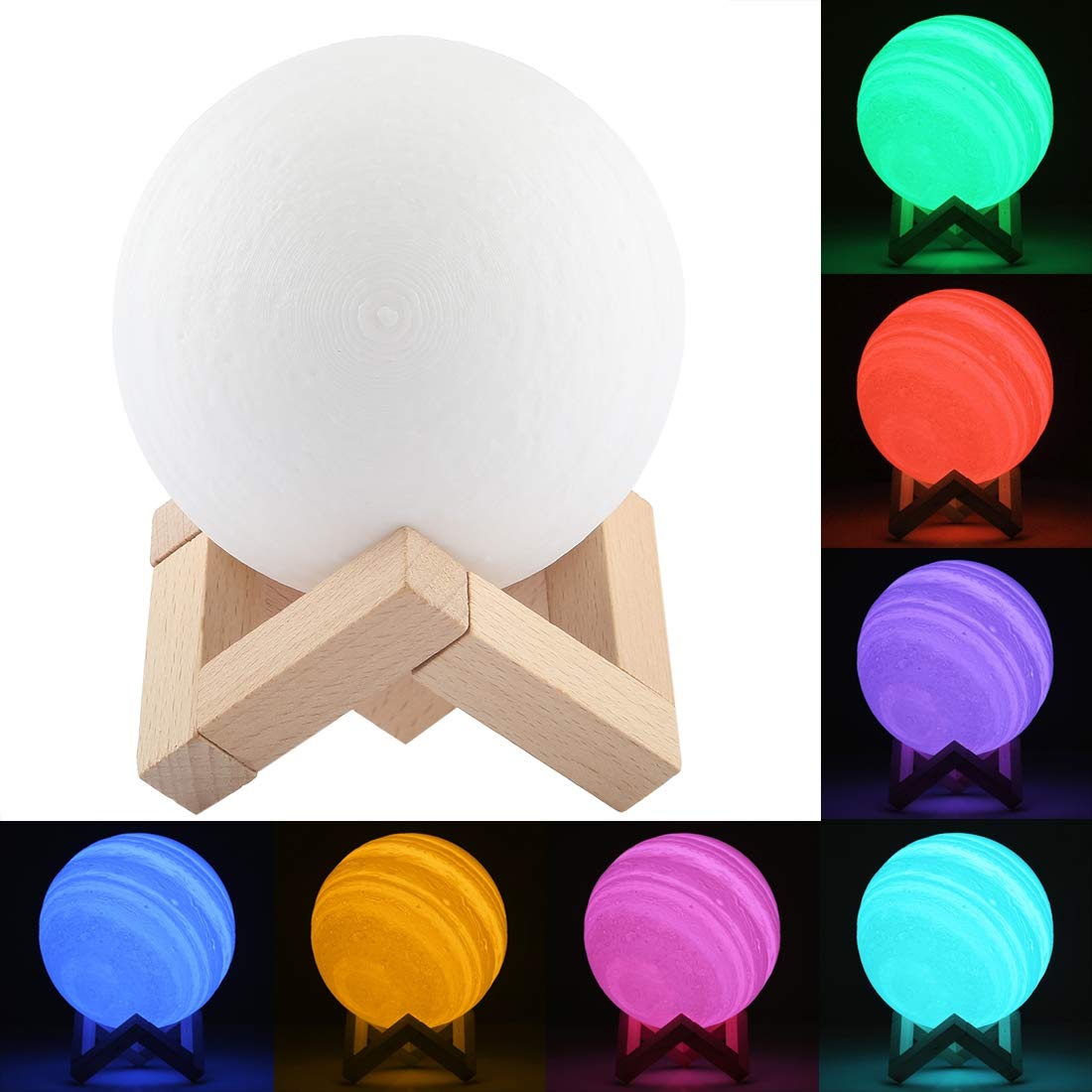 AYSM 10cm Patted 3D Print Jupiter Lamp, USB Charging 7-Color Changing Energy-saving LED Night Light with Wooden Holder Base