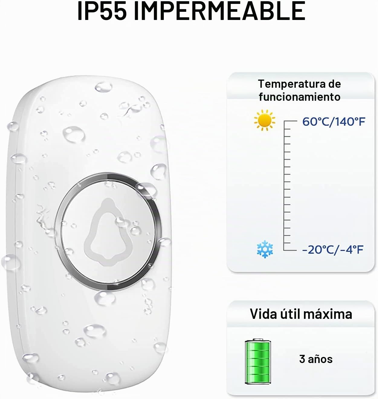 Timbre Inalámbrico Exterior Impermeable, Doorbell con 3 Receptores + 2 Botón a Pila, 58 Melodías, 5 Niveles Volumen 0–120 dB, Luz LED, 300 m Alcance, Campainha Sem Fios para Casa Apartamento, Blanco