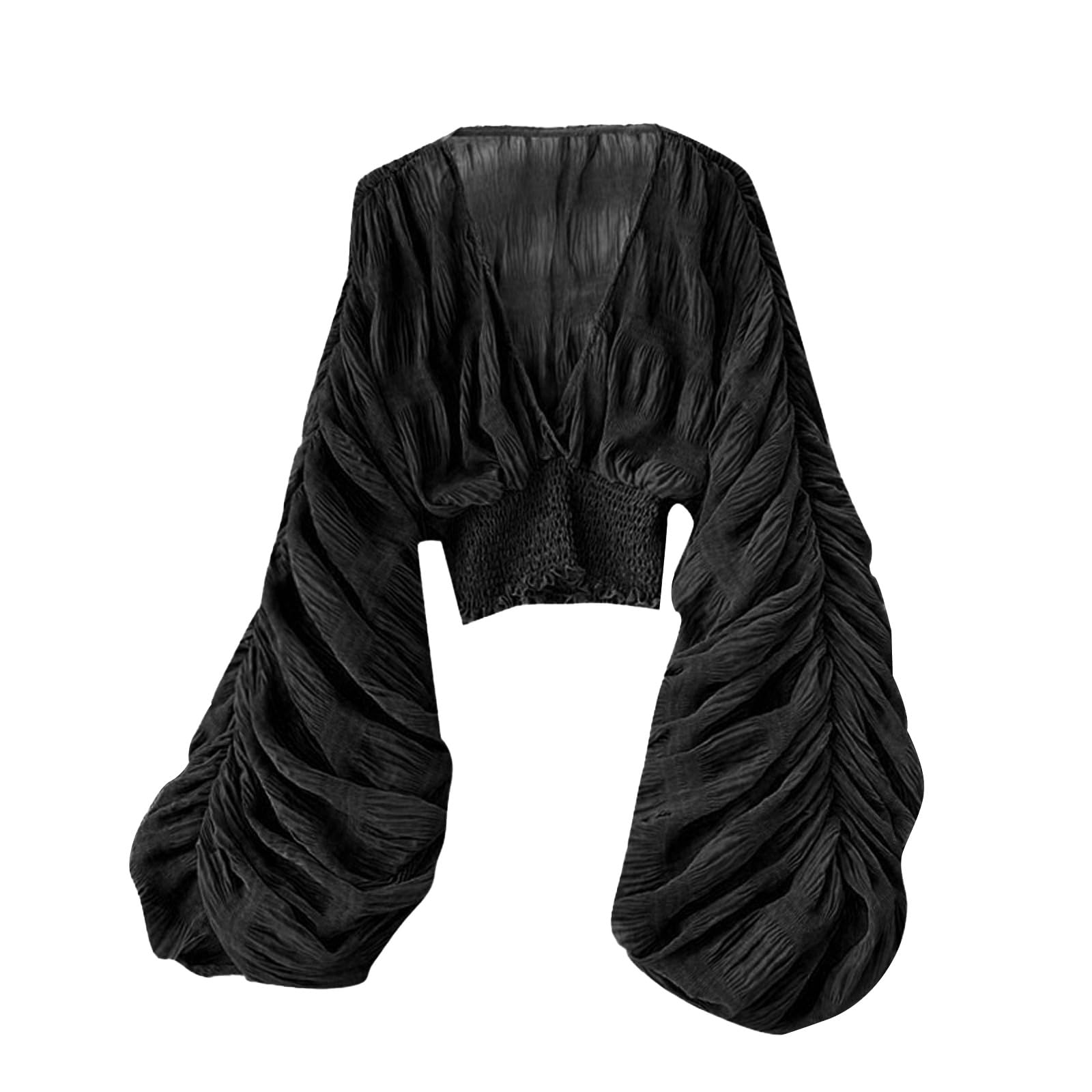 Generisch Damen Frühling Einfarbig Plissee Blase Ärmel Slim Fit Kurze Vielseitige Chiffon Bluse Wollstrickjacke Damen