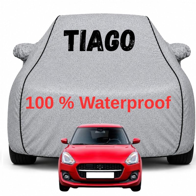 Image of Durable Full Body Waterproof Tiago Car Cover | Premium Polyester Silver Cover | Custom Fit Vehicle Protection | UV Resistant, Dustproof, Scratch Resistant, Heat & Wind Protection