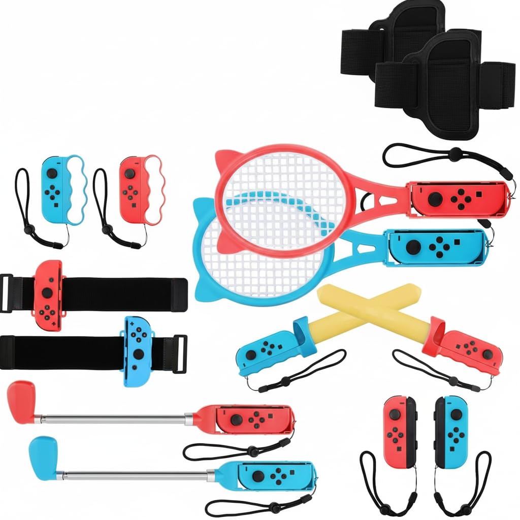 MAKINGTEC 14 in 1 Switch Sport Games Accessories Bundle for Nintendo Switch Games, Including Tennis Rackets Swords Golf Clubs Grips Boxing Grips Leg and Wrist Straps