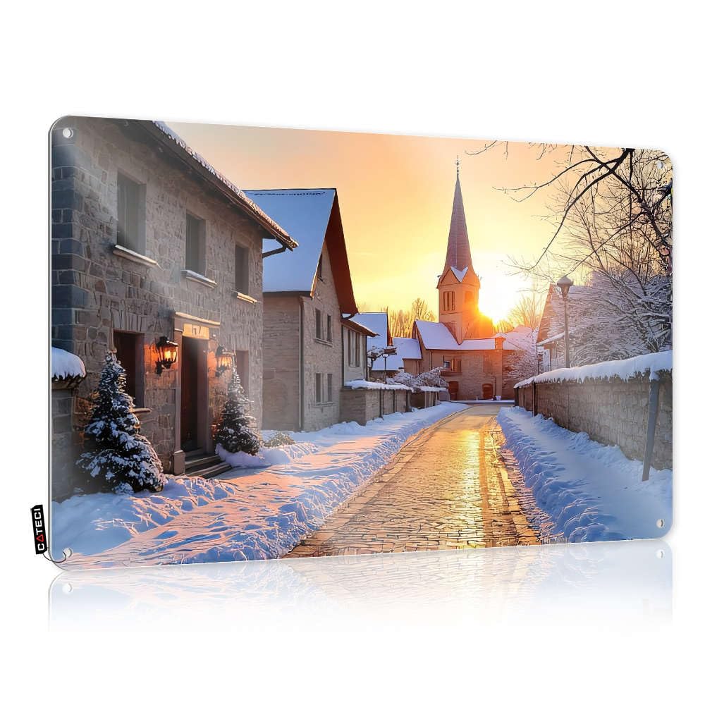 Cool Wall Art Door Wall Decor | Snowy Village Street With Church At Sunset. Inappropriate For Tiki Bar Home(30X40CM)