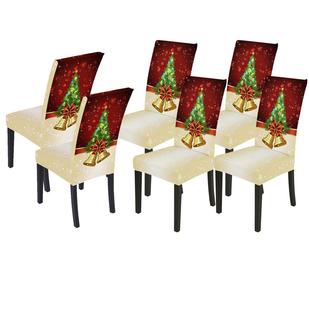 Set of 6 pcs Merry Christmas Tree With Small Bell Dining Room Chair Covers Slipcovers Spandex Fabric Seat Slipcover Washable Removable Parsons Chair Protector Kitchen Hotel Ceremony Universal Size