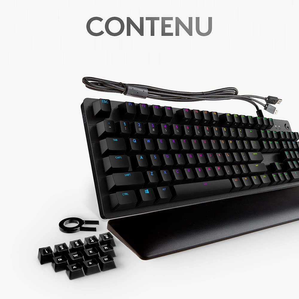 Logitech G513 Clavier Gamer Mécanique avec Repose-Poignets, Eclairage RGB LIGHTSYNC, Tactile Switchs GX Brown, Alliage Aluminium 5052, Personnalisable, Relais USB, Français AZERTY - Noir