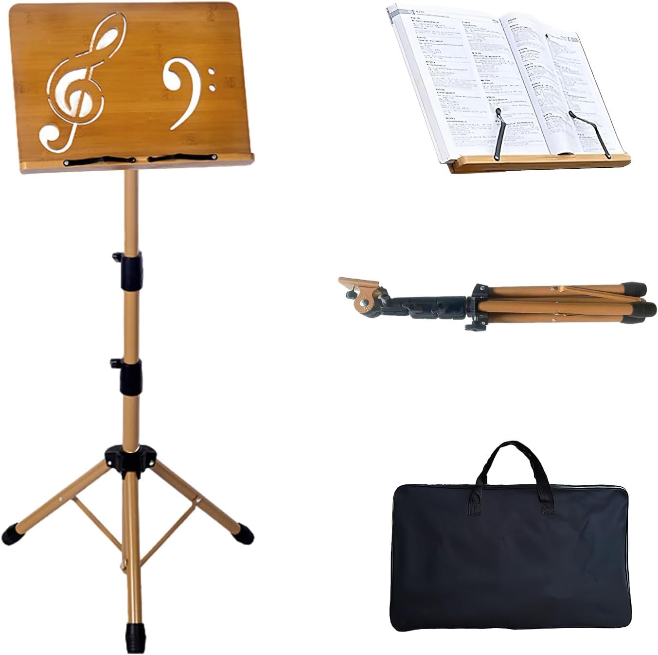 Folding Music Stand - Portable Sheet Music Stand with Carrying Bag, Adjustable Wooden & Metal Desktop Book Stand Podium Lectern Holder for Guitar, Ukulele, Violin Players