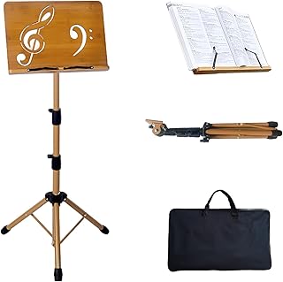Folding Music Stand - Portable Sheet Music Stand with Carrying Bag, Adjustable Wooden & Metal Desktop Book Stand Podium Lectern Holder for Guitar, Ukulele, Violin Players