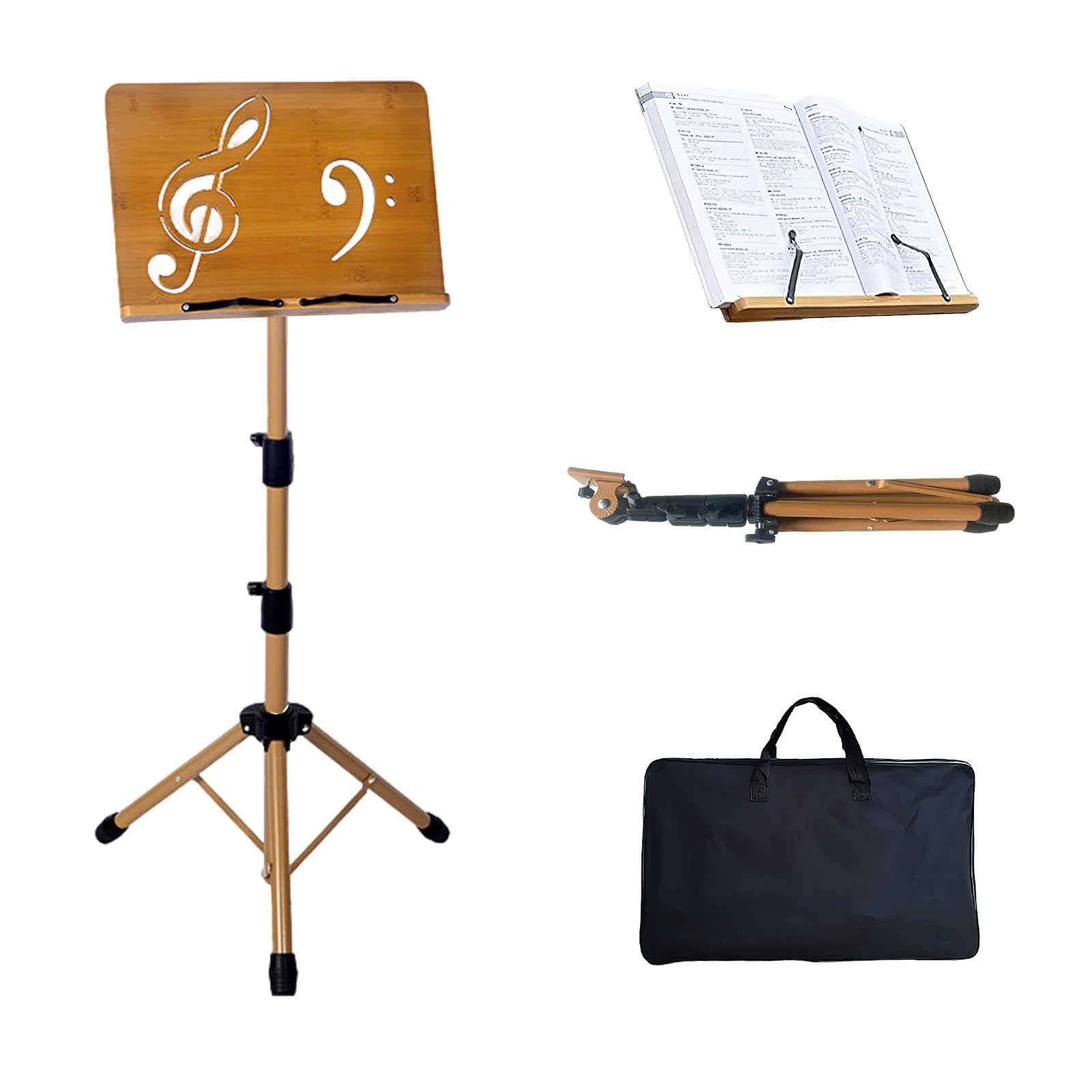 Notenständer – Tragbarer Notenständer mit Tragetasche, verstellbarer Schreibtisch-Bücherständer aus Holz & Metall, Podium-Lekterpult-Halter für Gitarre, Ukulele, Violinenspieler