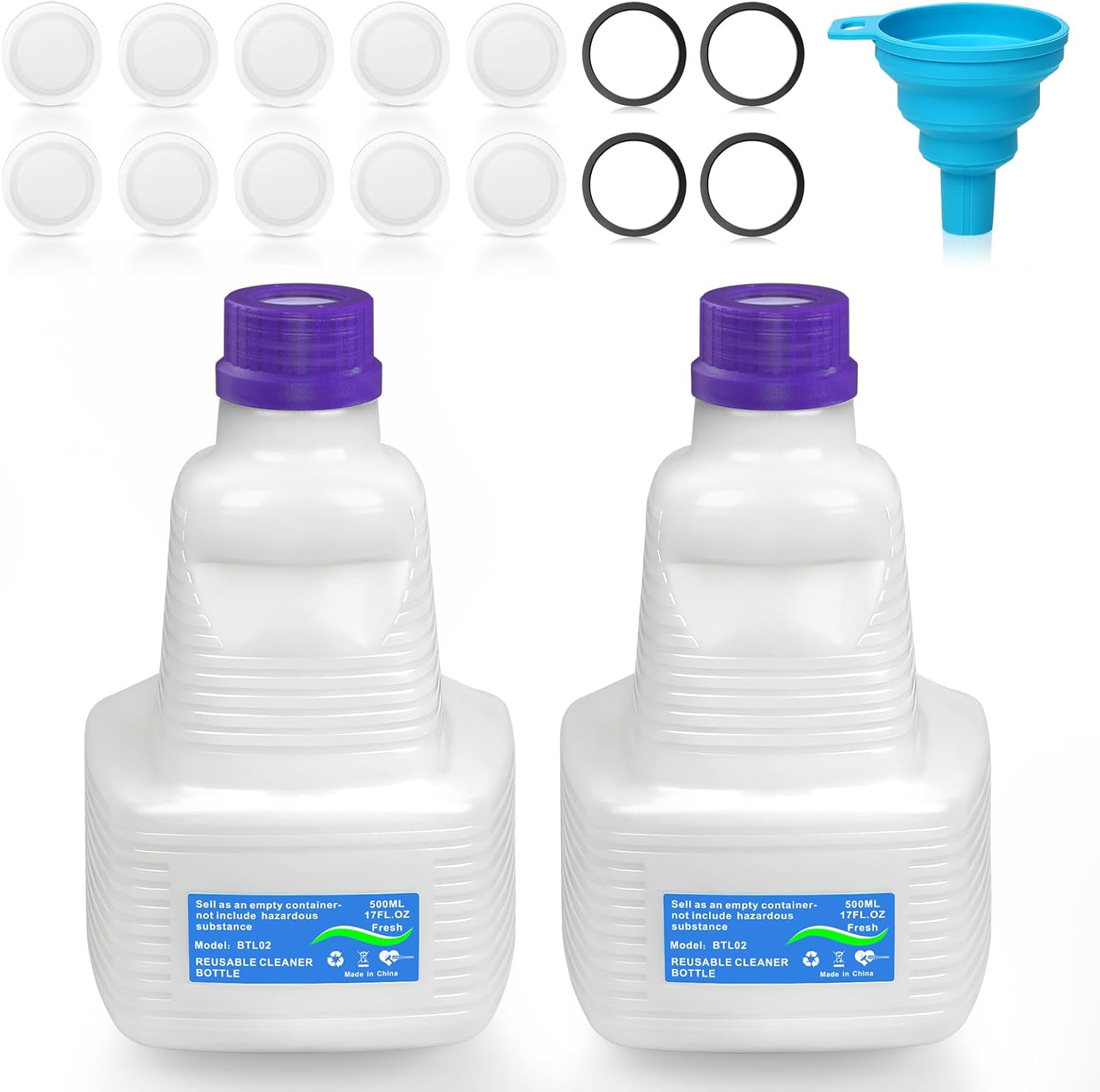 2 Pack Refillable Bottle for Swiffer Wet Jet Mop - 500ML/17 FL OZ Leak-Proof HDPE Empty Cleaner Solution Bottle with 10 Silicone Gaskets & 1 Funnel, Wood Care & Pet Safe, Eco-Friendly