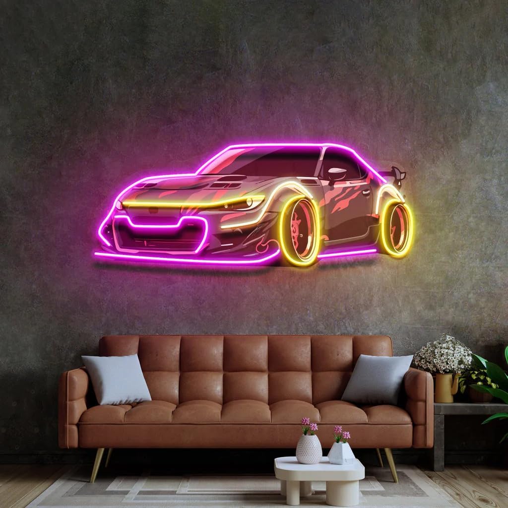 Warmthwish Sports Car Neon Sign UV Print Catoon Car LED Neon Light Game Room/Boy Room Decor Super Racing Car Bar Club Wall Decor Gift for Him