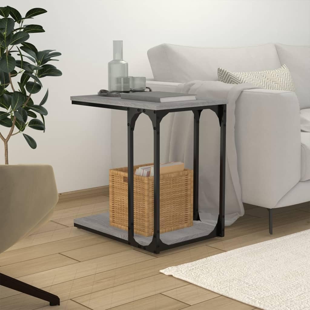 Mesa auxiliar Sonoma gris 50 x 35 x 52 cm, madera con forma de C, marco de acero estable, mesa de centro para salón, dormitorio, práctico espacio de almacenamiento