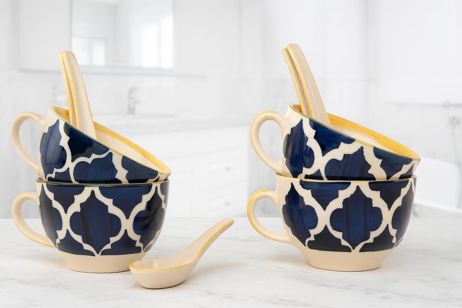 HS HINDUSTANI SAUDAGAR Blue Umrao Ceramic Bowl Set of 4(300Ml Each) Soup Bowl with Handle & Spoon Microwave Safe Bowls Katori Ideal for Snacks Rice Dal Desserts and Gifting