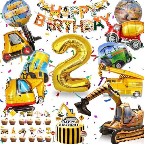 Baustellen Deko Kindergeburtstag 2 XXL Bagger Geburtstag Deko 2 Jahre Luftballon Baggerdeko Junge Folienballons Banner und Tortendeko (Baustelle Luftballons 2. Geburtstagdeko)