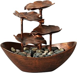 Creative Ingot Lotus Leaf Flowing Water Tabletop Fountain with LED Night Light, Automatic Pump USB Desk Fountain Home Office Decor(Bronze-Coloured)