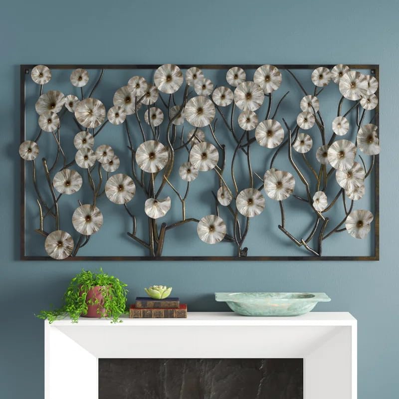 Image of ZOVE Metal Luxury Floral wall Decoration for Living Room for Indoor Use | Beautiful Metal Blossom Flower Design Metal Art Wall Sculpture 44 x 22 INCH