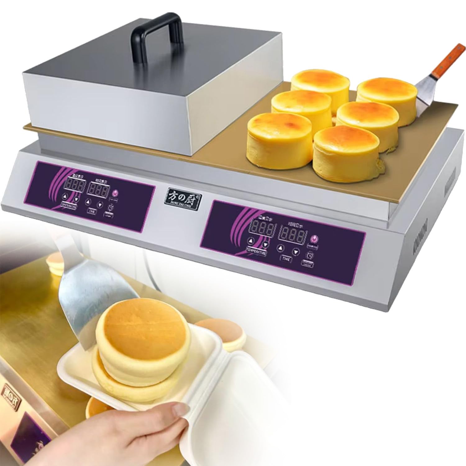 Qiang Versatile Electric Pancake & Soufflé Maker,Nonstick Griddle Stainless Steel Body,Multipurpose for Dorayaki Muffin Waffle Egg Puff Pastry,Temp Control Baker for Home Commercial Doublehead
