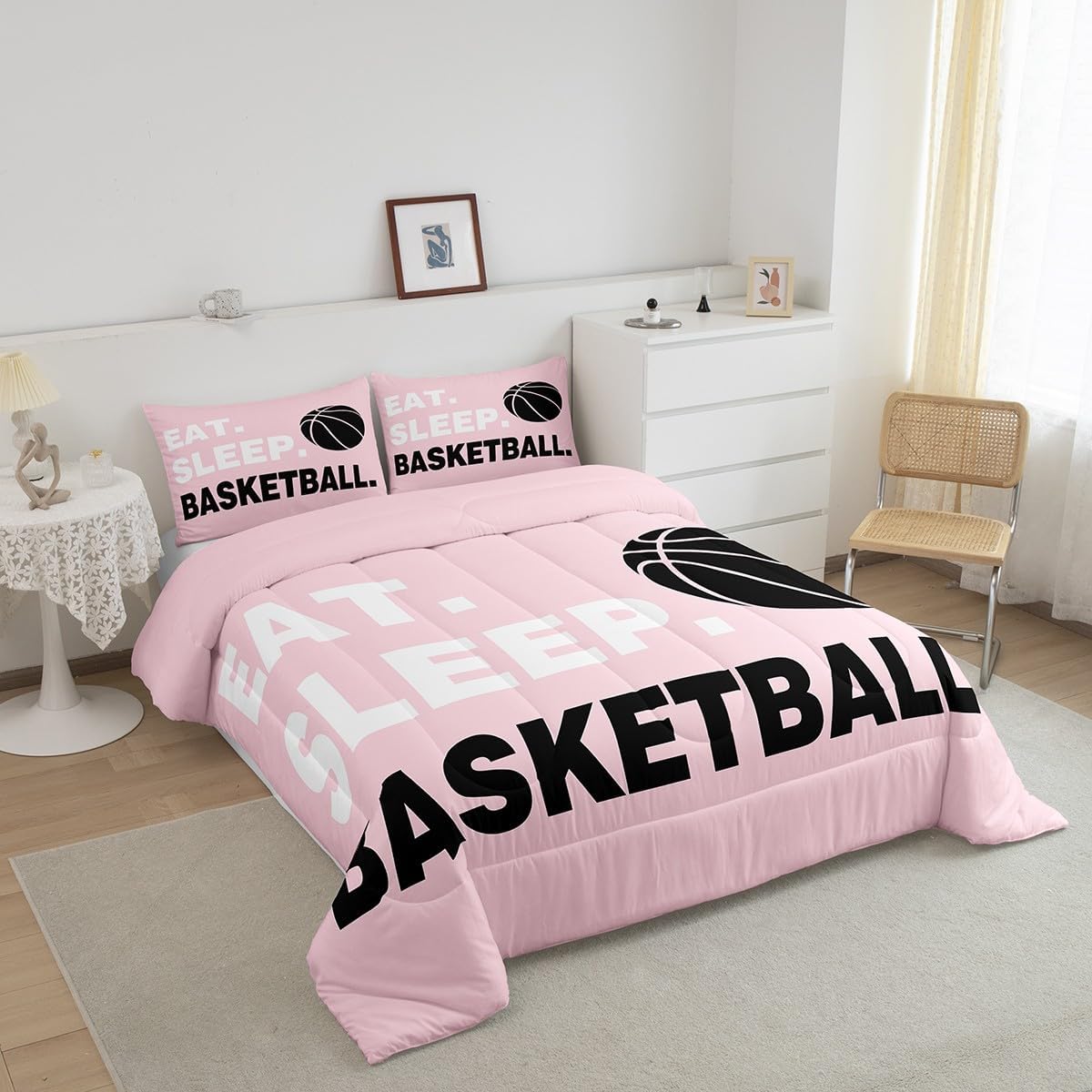 Feelyou Basketball Pink Comforter Set Gaming Sports Bedding Set Full Size for Kids Boys Girls Teens Ball Games Comforter Gift for Basketball Lover Duvet Set Super Soft Microfiber with 2 Pillow Case